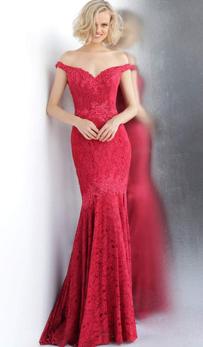 Jovani - JVN62564 Embellished Lace Off-Shoulder Mermaid Dress Prom Dresses 00 / Red
