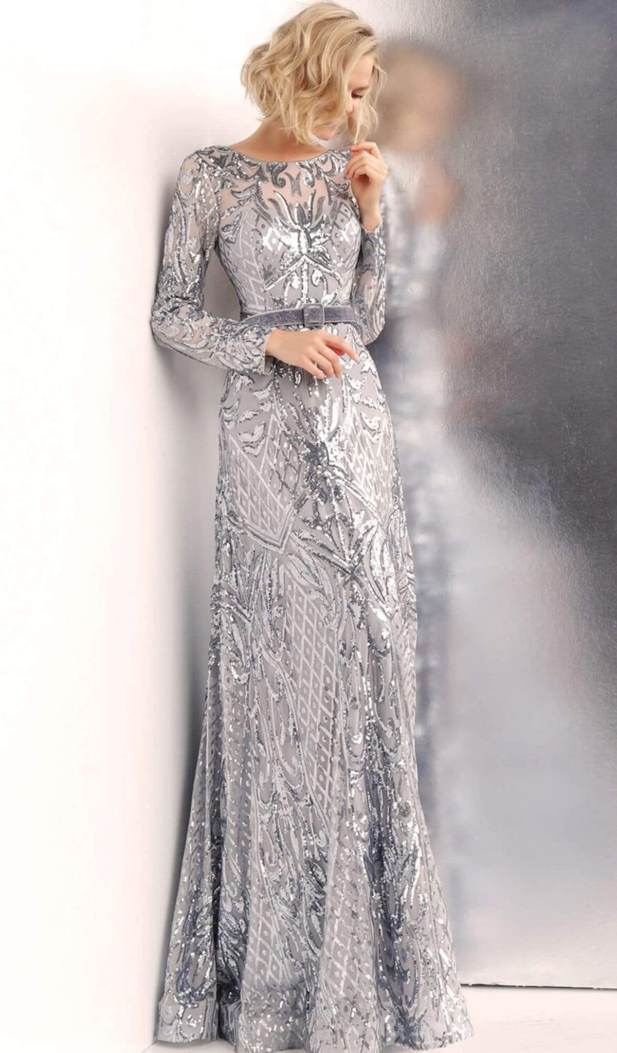 Jovani - JVN62711 Silver Embellished Bateau Evening Gown Special Occasion Dress 00 / Silver