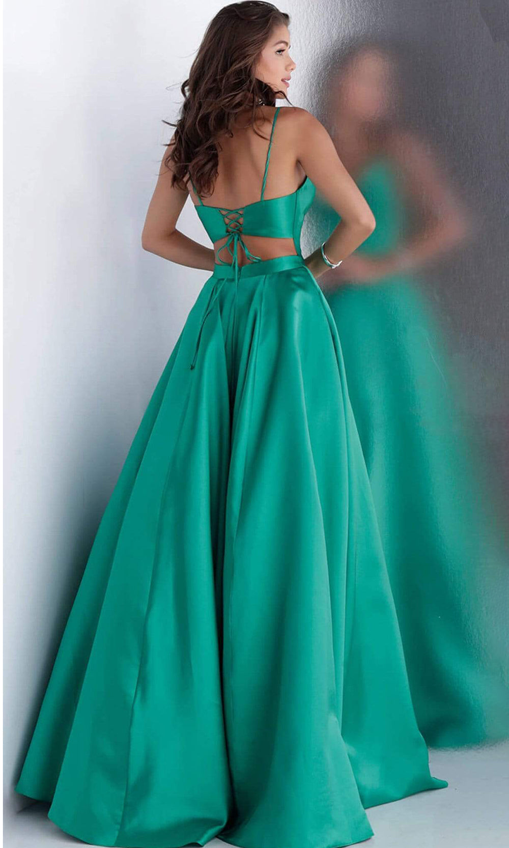 Jovani - Fitted Plunging V-Neck Sleeveless Ball Gown JVN66673SC In Green 