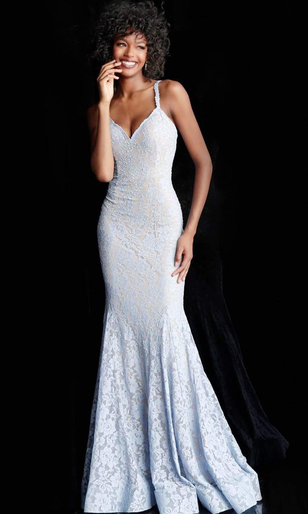 Jovani - JVN68005 Jeweled Lace Mermaid Gown Special Occasion Dress 00 / Periwinkle