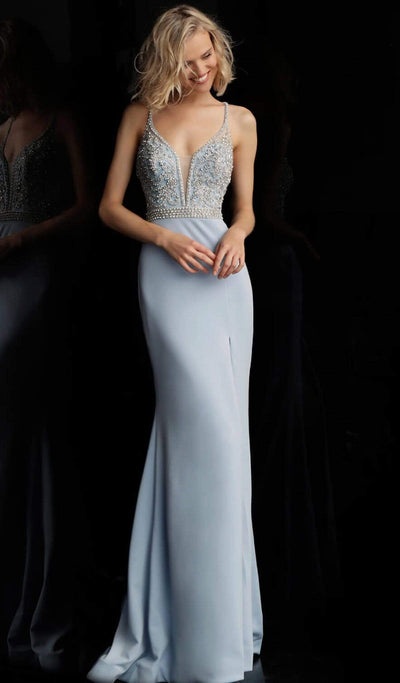 Jovani - JVN68317 Beaded Deep V-neck Mermaid Dress Prom Dresses 00 / Light Blue