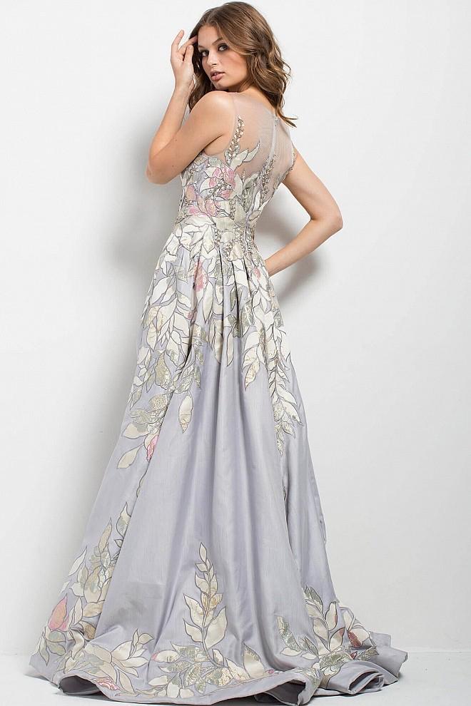 Jovani Leaves Illusion Patterned Evening Gown 54403 - 1 pc Silver In Size 10 Available CCSALE 10 / Silver