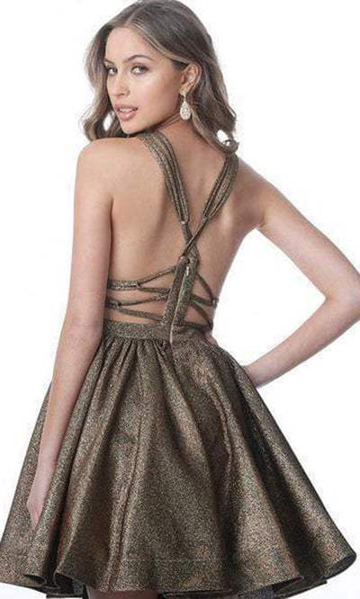Jovani - Metallic Sleeveless Strappy Back Dress In Brown