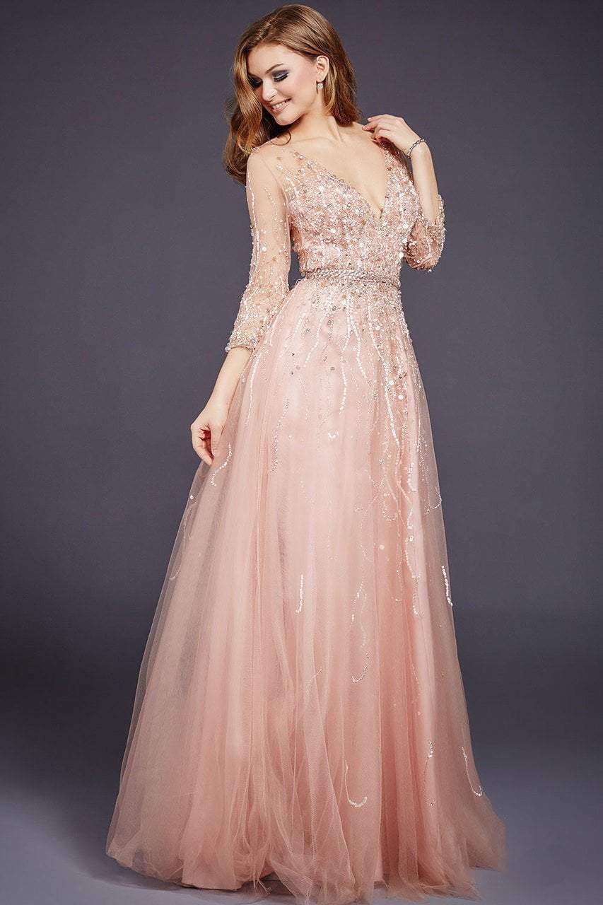 Jovani - Quarter Sleeve Ornate Illusion Tulle Gown 29084 CCSALE 12 / Hunter