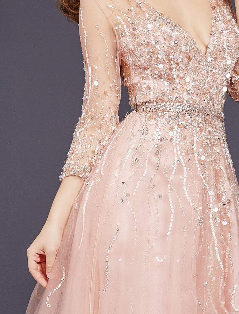 Jovani - Quarter Sleeve Ornate Illusion Tulle Gown 29084 CCSALE 12 / Hunter
