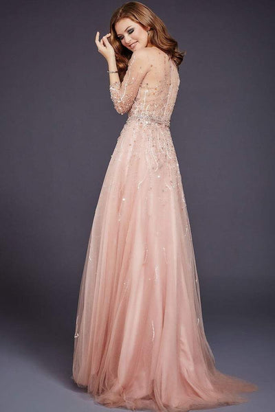 Jovani - Quarter Sleeve Ornate Illusion Tulle Gown 29084 CCSALE 12 / Hunter