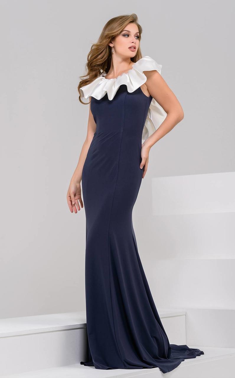 Jovani - Ruffled Jewel Neck Evening Gown 50332 - 1 pc Ivory/Charcoal In Size 6 Available CCSALE 6 / Ivory/Charcoal