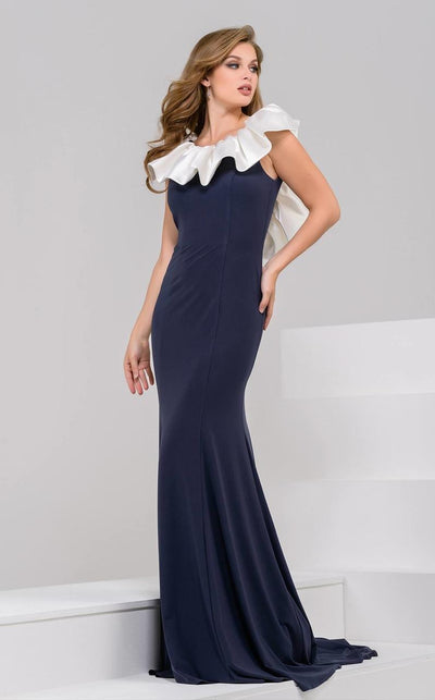 Jovani - Ruffled Jewel Neck Evening Gown 50332 - 1 pc Ivory/Charcoal In Size 6 Available CCSALE 6 / Ivory/Charcoal