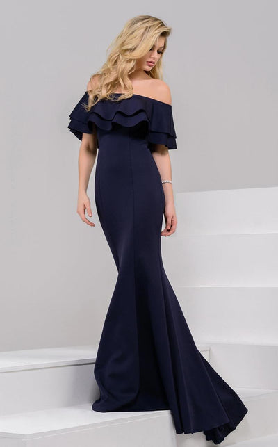 Jovani - Ruffled Off-Shoulder Mermaid Dress 49631SC - 1 pc Red in Size 6 and 1 pc Navy in Size 20 Available CCSALE 20 / Navy