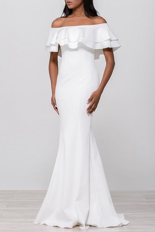 Jovani - Ruffled Off-Shoulder Mermaid Dress 49631SC - 1 pc Red in Size 6 and 1 pc Navy in Size 20 Available CCSALE 4 / Ivory