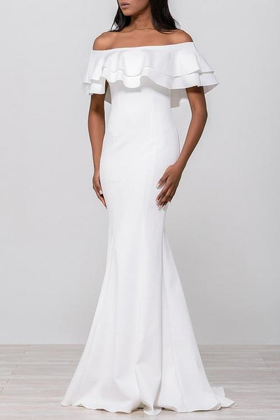 Jovani - Ruffled Off-Shoulder Mermaid Dress 49631SC - 1 pc Red in Size 6 and 1 pc Navy in Size 20 Available CCSALE 4 / Ivory