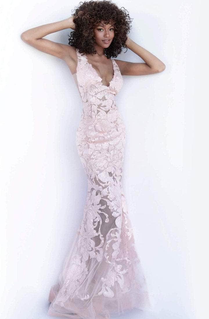 Jovani - Sequined Deep V-Neck Trumpet Dress 60283SC CCSALE 2 / Rose/Gold