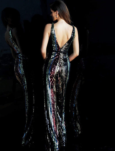 Jovani - Sequined Plunging V Neck Fitted Jumpsuit 65396SC -  2 pcs Multi-Color in size 4 and 10 Available CCSALE