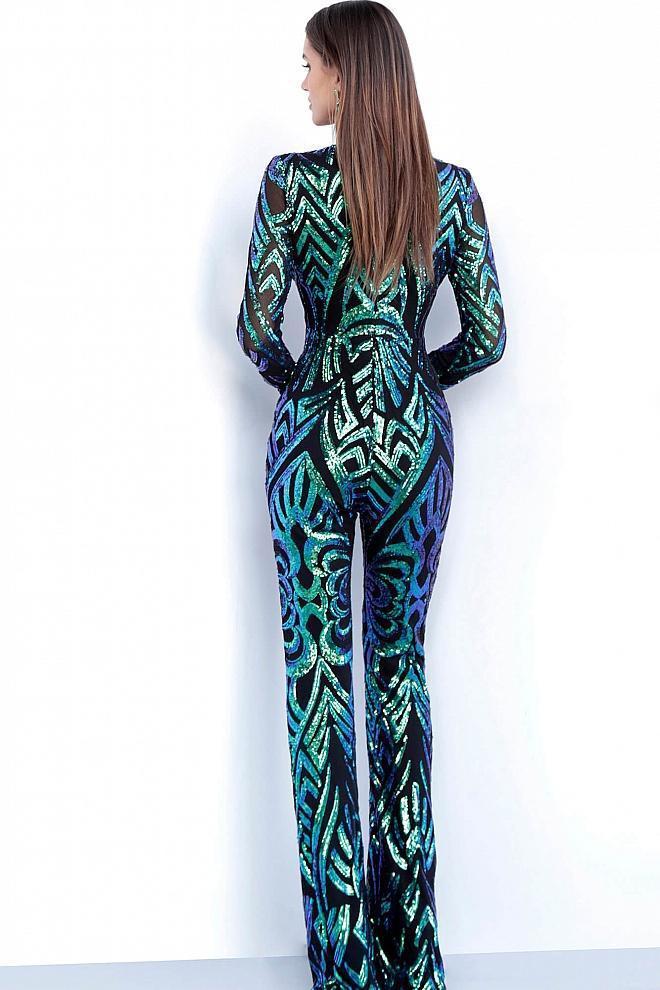 Jovani - Sequined Plunging V Neck Long Sleeves Jumpsuit 66511 - 1 pc Black/Peacock In Size 10 Available CCSALE
