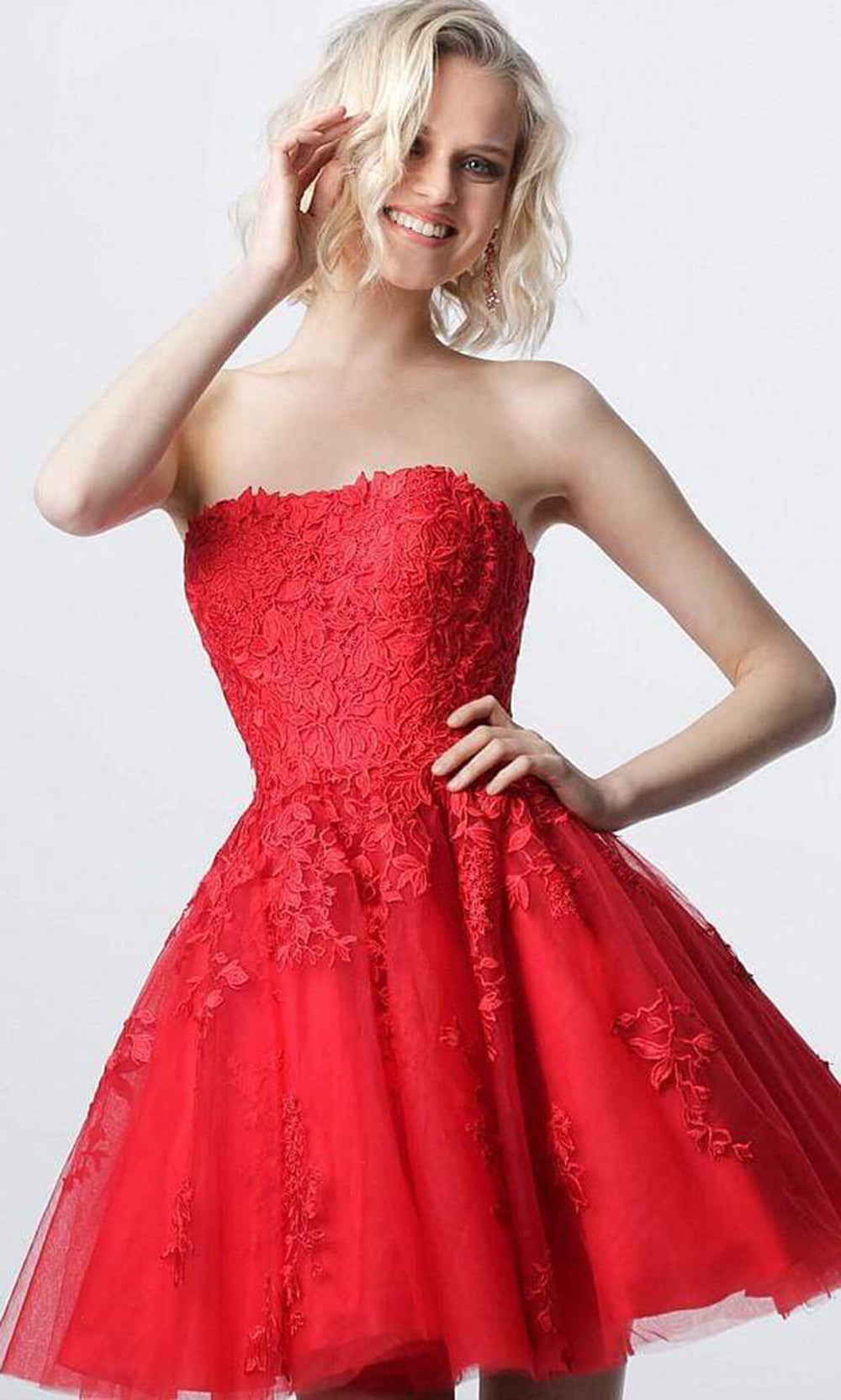 Jovani - Strapless Floral Lace Applique Tulle Cocktail Dress JVN1830 - 2 pcs Red in in Size 2 and 8 Available CCSALE 2 / Red
