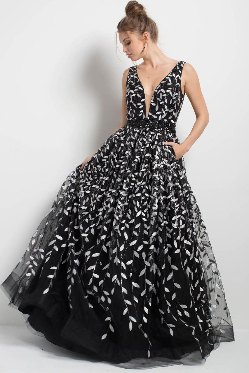 Jovani Trailing Embroidery Tulle Gown 55704 - 1 pc Black In Size 8 Available CCSALE 8 / Black