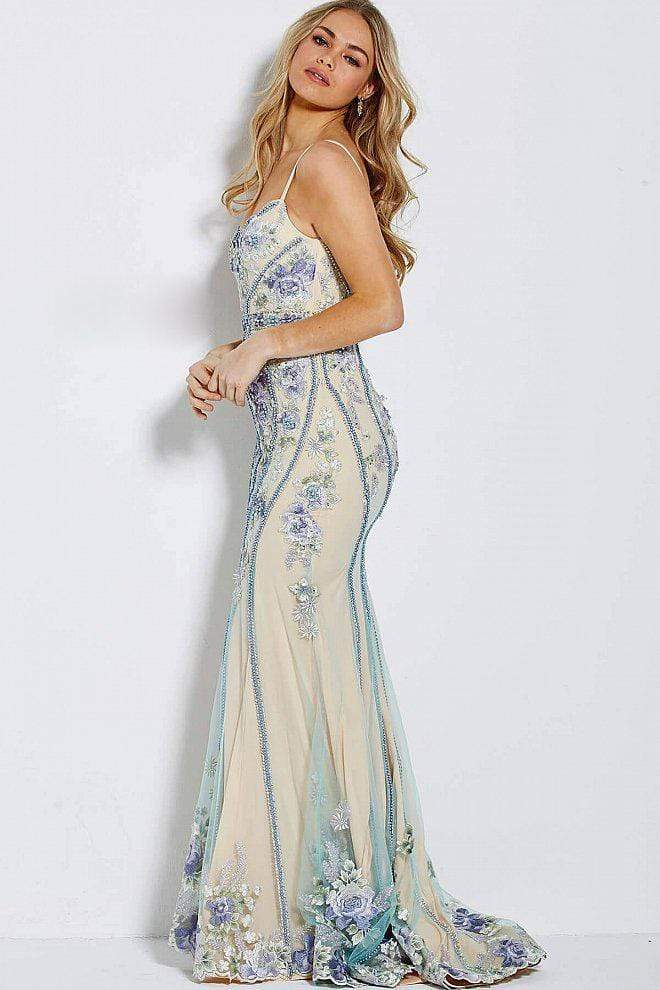 Jovani V Neck Floral Embellished Tulle Prom Dress 55816 - 1 pc Multi/Nude in Size 4 Available CCSALE
