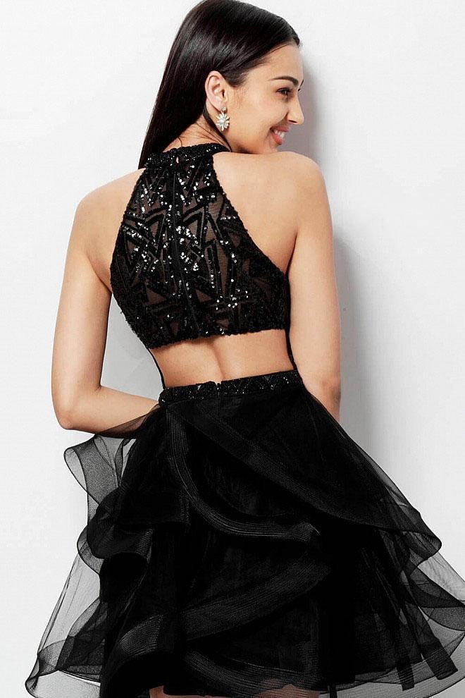 Jovani VN65941 Sequined Illusion Halter Neck Ruffled Skirt Short Cocktail Dress JVN65941 CCSALE