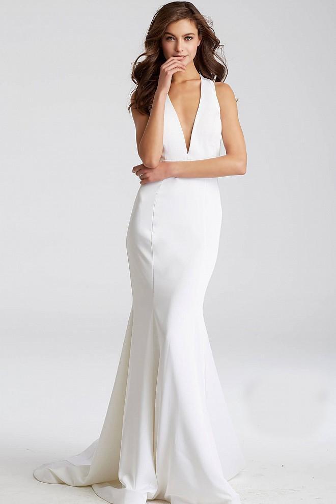 Jovani - JVN50333 Deep V-Neck Mermaid Dress in White