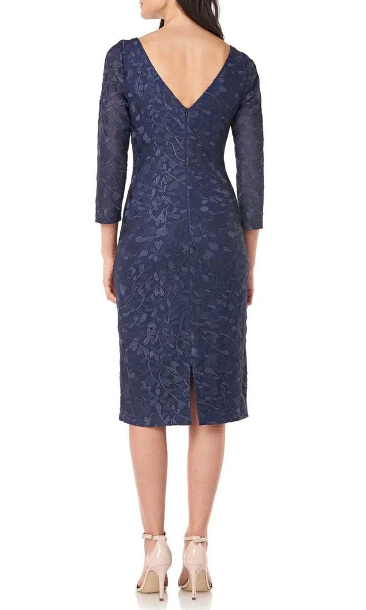 JS Collections 8612939 - Knee-Length Embroidered Mesh Sheath Dress - 3/4  Sleeves, Leaf Embroidered, V-Shaped Back, Back Zipper Closure, Back Slit,  Lined  ADASA