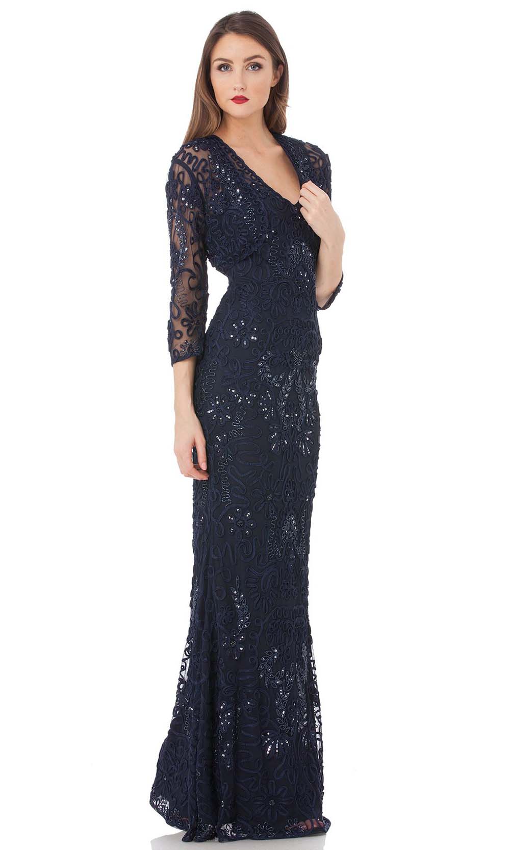 JS Collections - 866348 Sequined V Neck Dress With Bolero Mother of the Bride Dresses 2 / Navy
