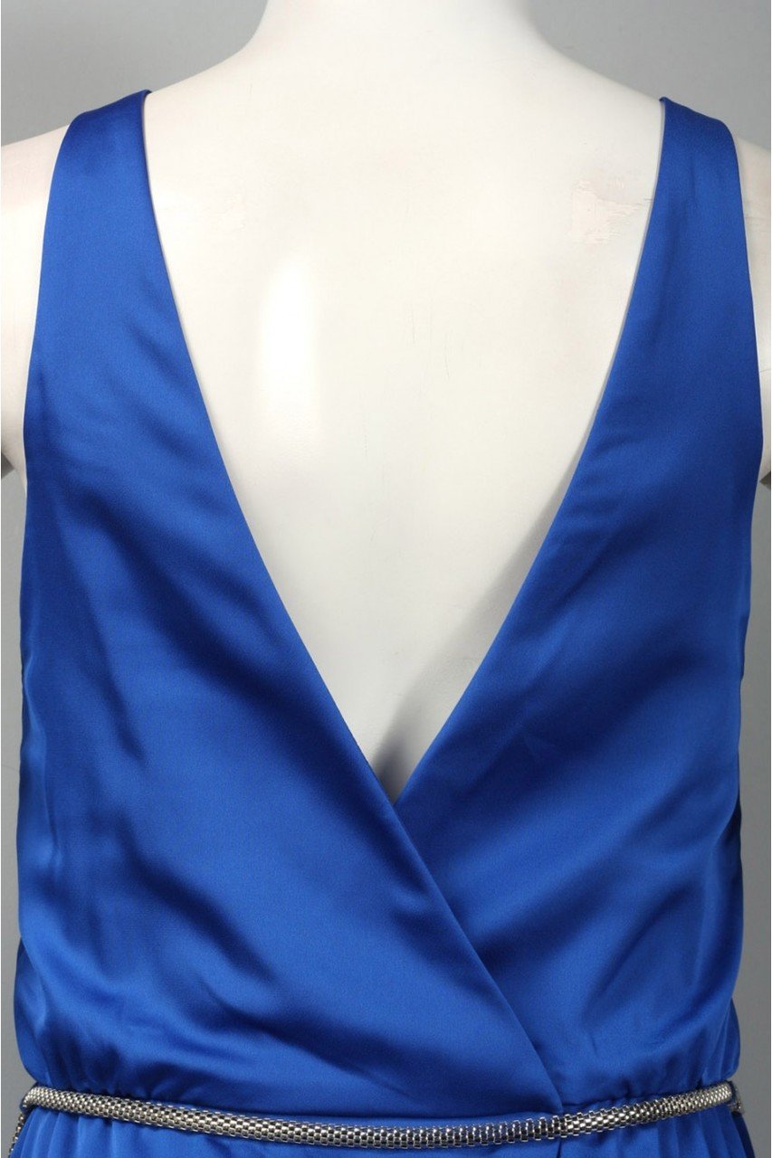 JS Collection - 862675 Sleeveless Sleek Satin Belted Dress in Blue