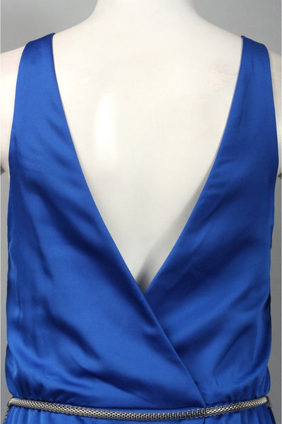 JS Collection - 862675 Sleeveless Sleek Satin Belted Dress in Blue
