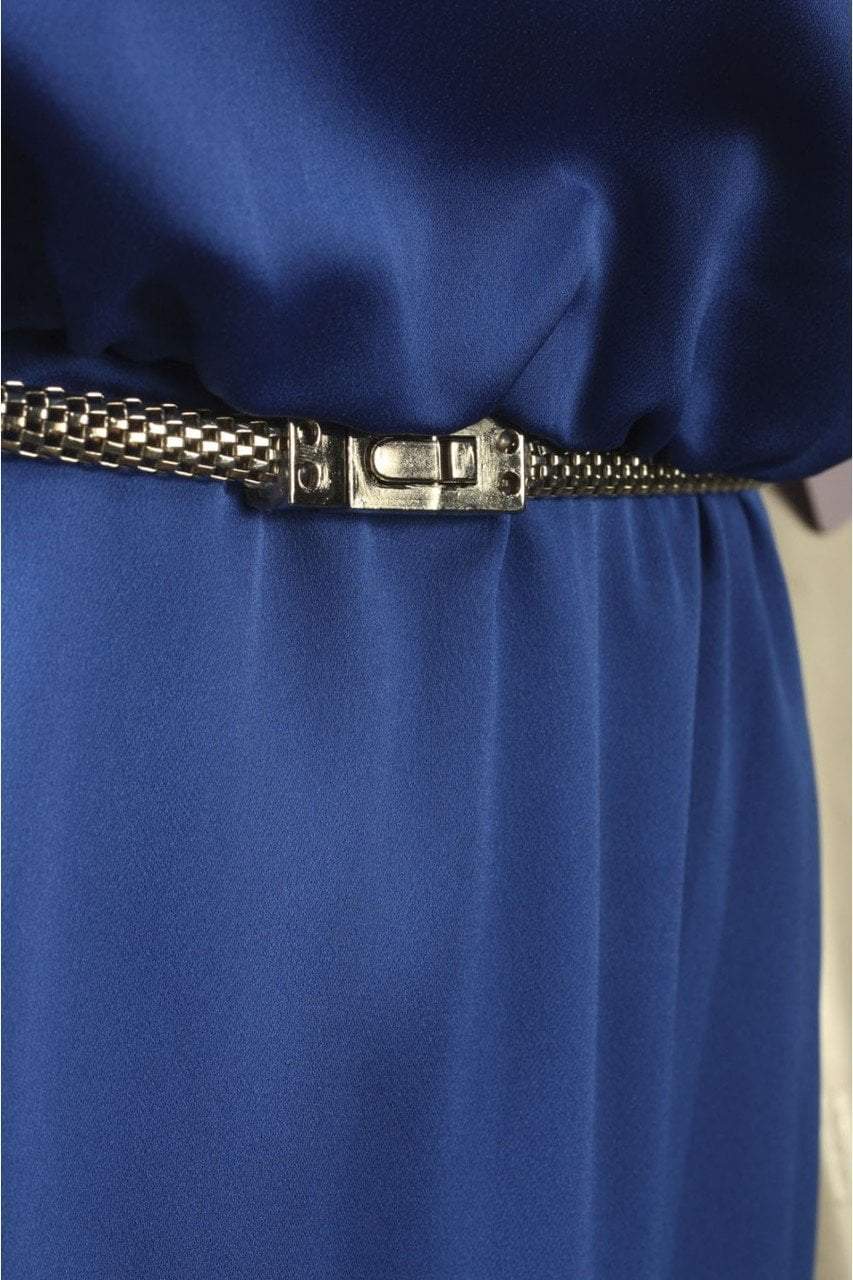 JS Collection - 862675 Sleeveless Sleek Satin Belted Dress in Blue