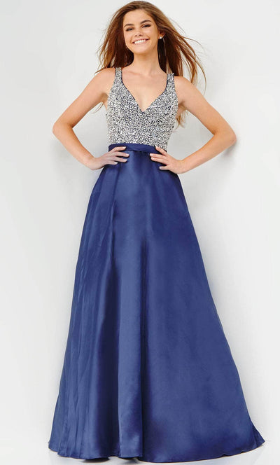 JVN BY Jovani JVN08473 - Beaded Deep V-Neck Prom Gown Special Occasion Dress 00 / Navy