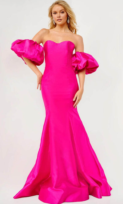 JVN BY Jovani JVN22830 - Puffed Sleeve Mermaid Prom Dress Special Occasion Dress 00 / Fuchsia
