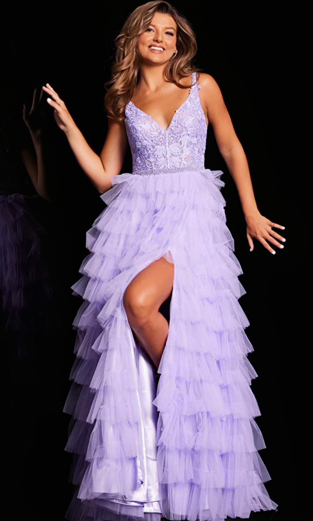 JVN by Jovani JVN37001SC - Ruffle Tiered Prom Dress Ball Gowns 12 / Lilac