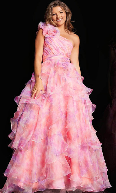 JVN by Jovani JVN37455 - One Shoulder Printed Ballgown Special Occasion Dress 00 / Pink/Print