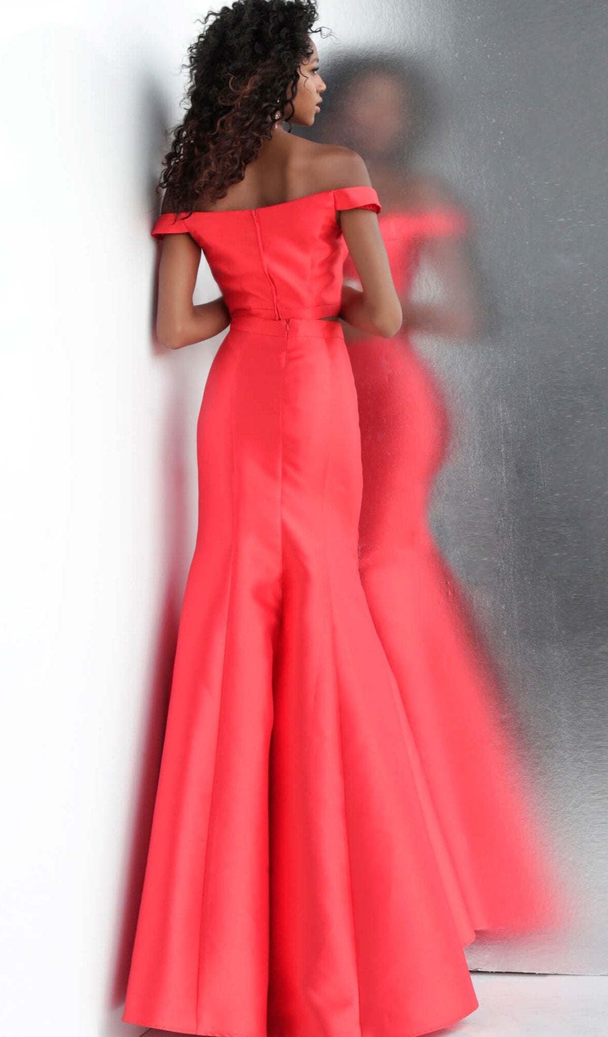 Jovani - JVN58068 Plunging Illusion Off Shoulder Trumpet Prom Dress in Red