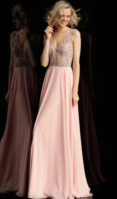 Jovani - JVN60467 Embellished Deep V-neck Chiffon A-line Dress in Pink
