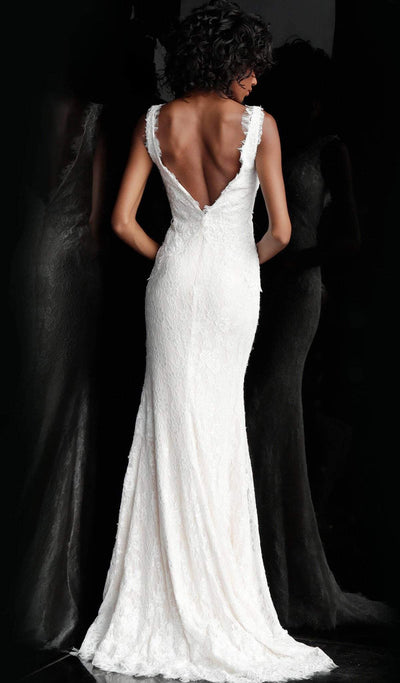 Jovani - JVN60595 Embellished Lace Deep V-neck Trumpet Dress In White