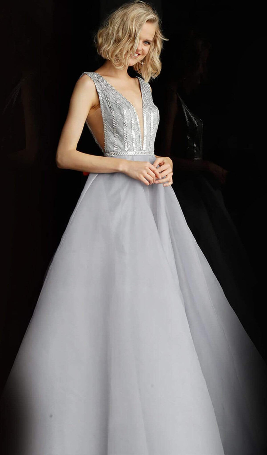 Jovani - JVN62502 Plunging V-Neck Backless A-Line Gown Special Occasion Dress 00 / Silver