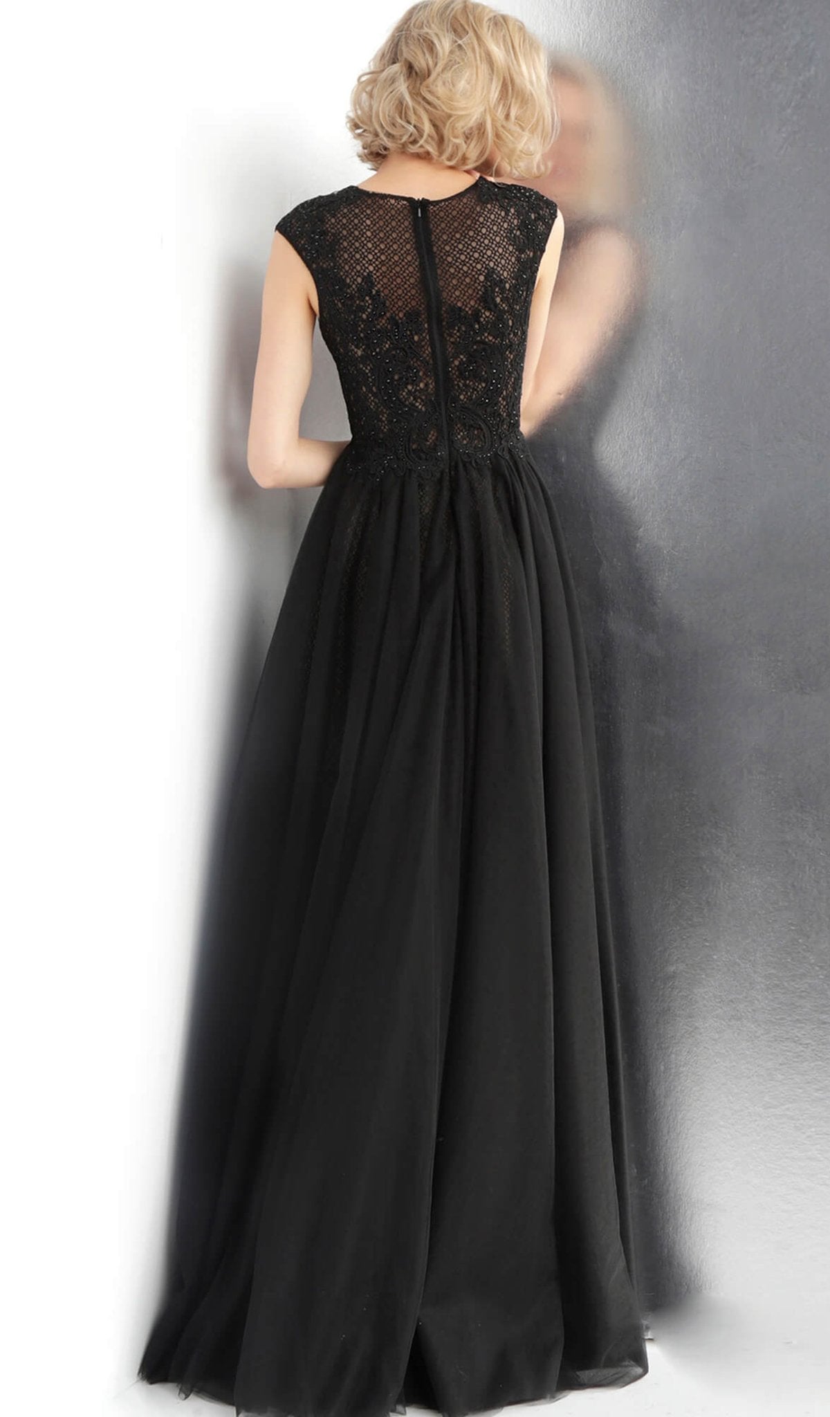 Jovani - JVN62550 Cap Sleeve Embroidered Lace Overskirt Gown in Black