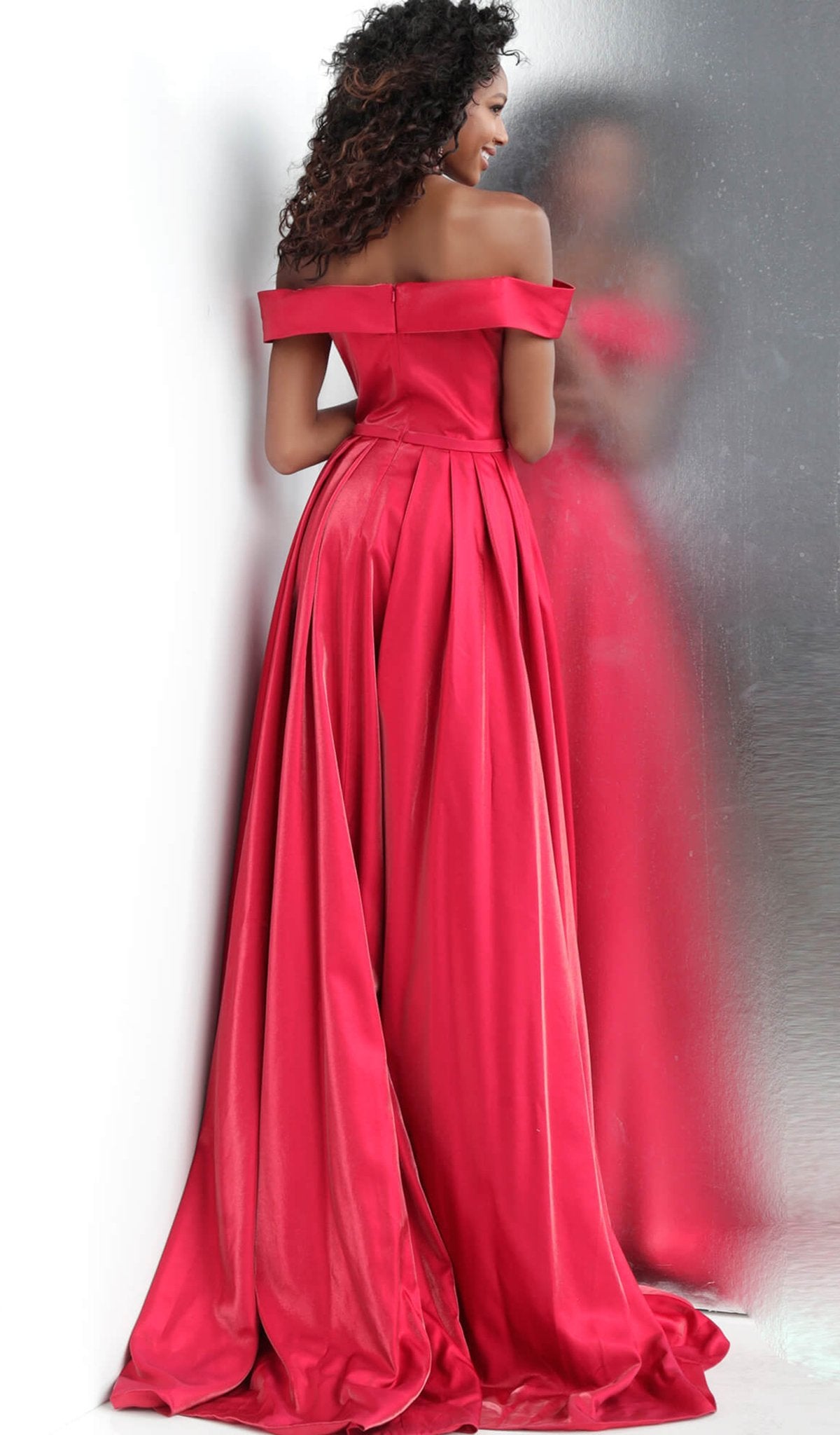 Jovani - JVN64244 Off-Shoulder Pleated A-line Dress With Slit and Train In Red