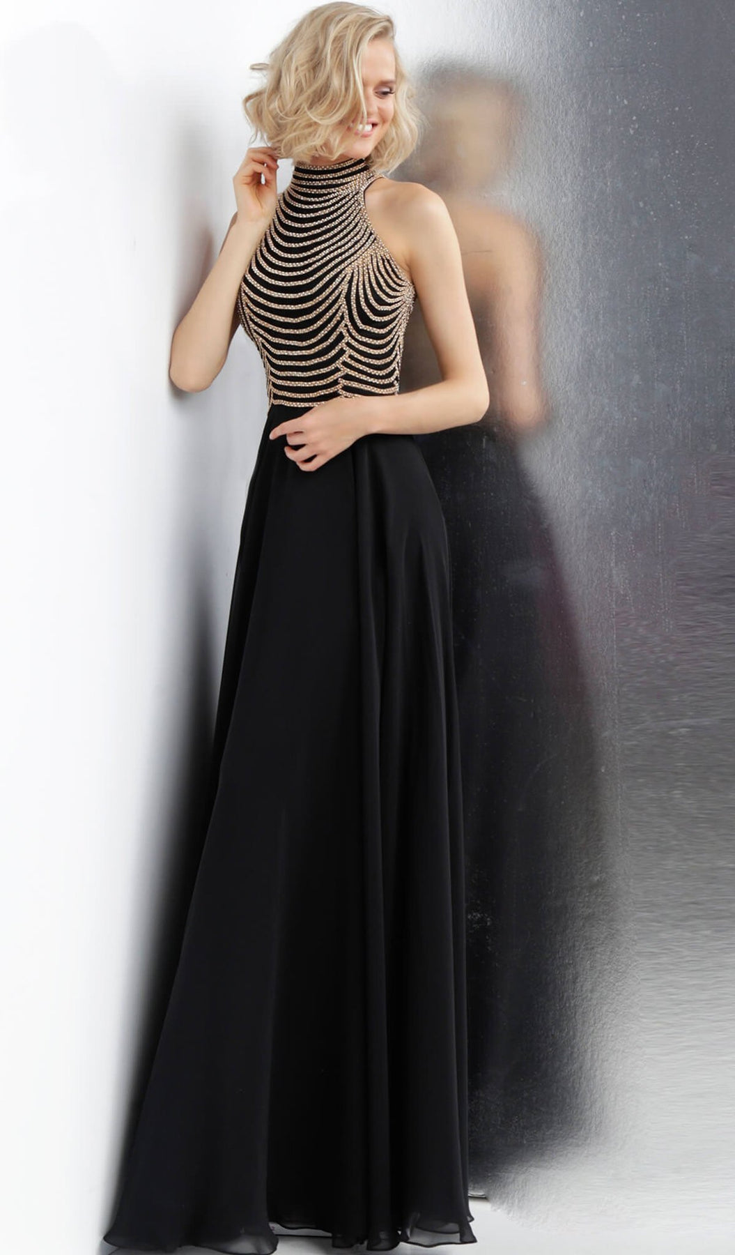 Jovani - JVN65987 Embellished High Halter A-line Dress in Black