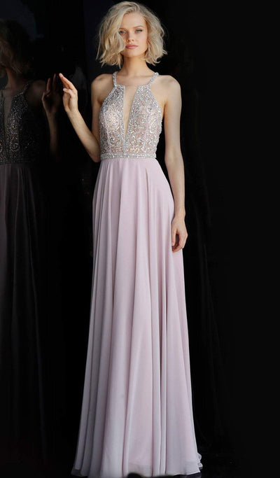 Jovani - Long Illusion Rhinestone-Ornate Dress JVN66050SC In Silver and Purple