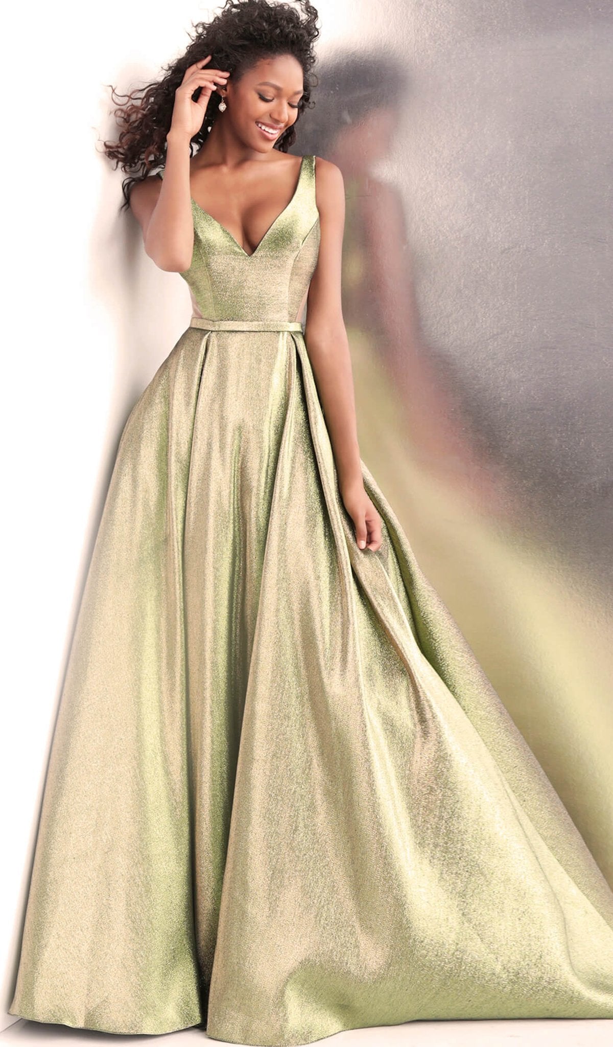 Jovani - JVN67647 Plunging V-Neck Metallic Ballgown in Green and Gold