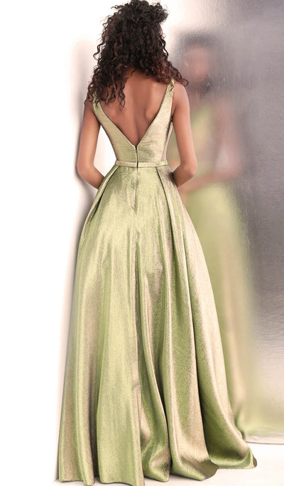 Jovani - JVN67647 Plunging V-Neck Metallic Ballgown in Green and Gold