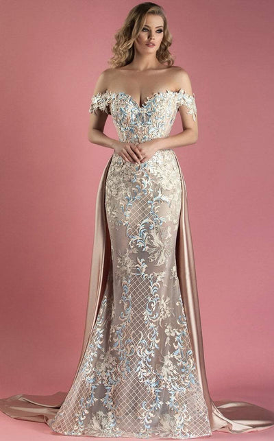 MNM COUTURE - K3556 Off the Shoulder Applique Gown with Overskirt In Pink