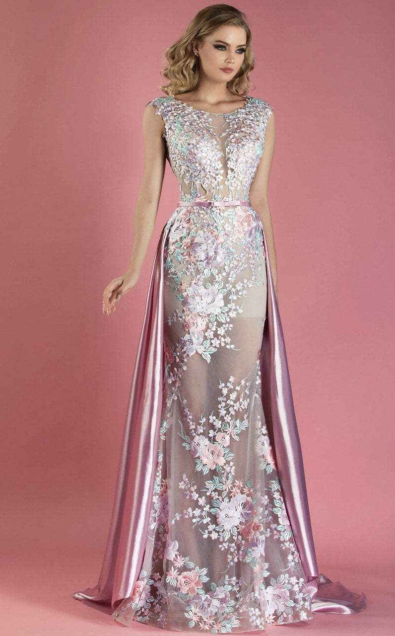 MNM COUTURE - K3557 Cap Sleeve Floral Applique Gown with Overskirt In Pink
