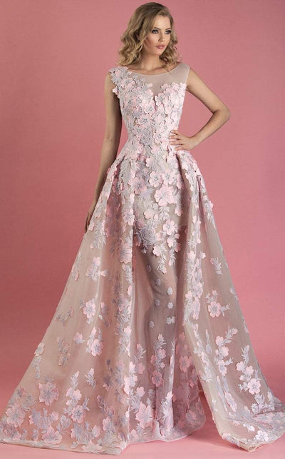 MNM COUTURE - K3558 Sheer Bateau Floral Applique Textured A-line Gown In Pink