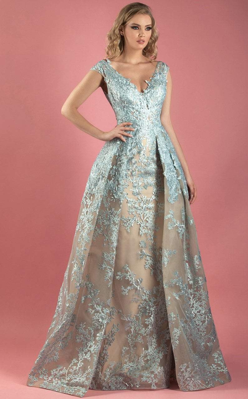 MNM COUTURE - K3562 Cap Sleeves Embroidered Gown with Overskirt In Blue