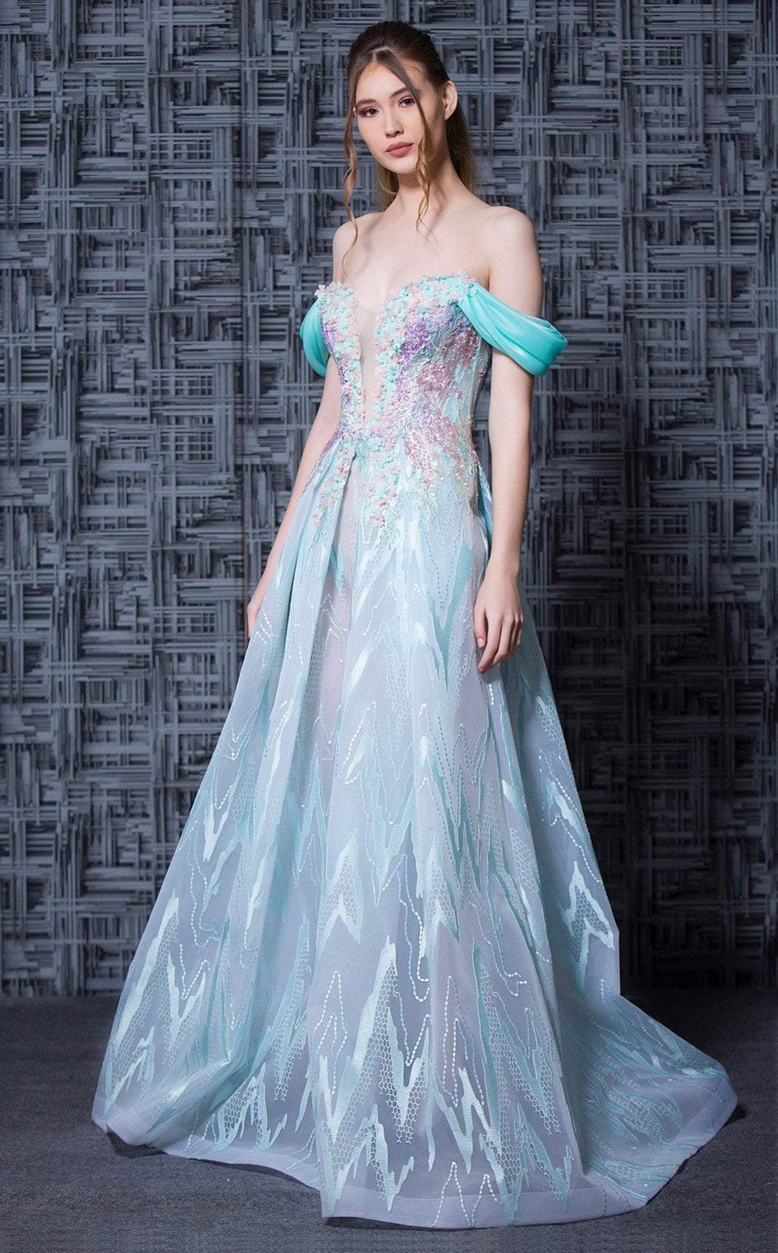 MNM COUTURE - K3605 Floral Lace Off-Shoulder A-Line Dress in Blue