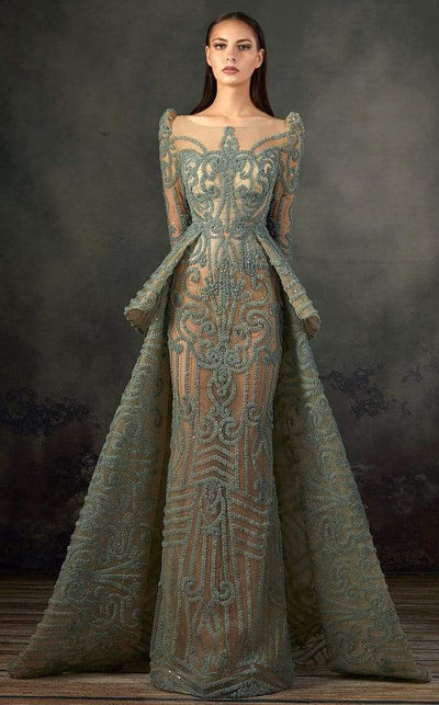 MNM COUTURE - K3715 Embroidered Illusion Neckline Gown with Overskirt In Green and Neutral