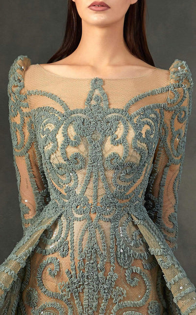 MNM COUTURE - K3715 Embroidered Illusion Neckline Gown with Overskirt In Green and Neutral