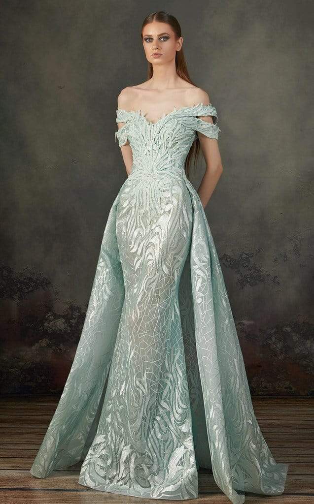 MNM COUTURE - K3721 Cut In Off Shoulder Gown with Overskirt In Green